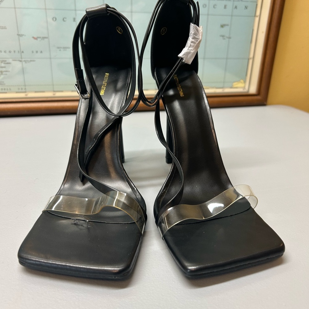 PrettyLittleThing Black Strappy Square Toe Heels